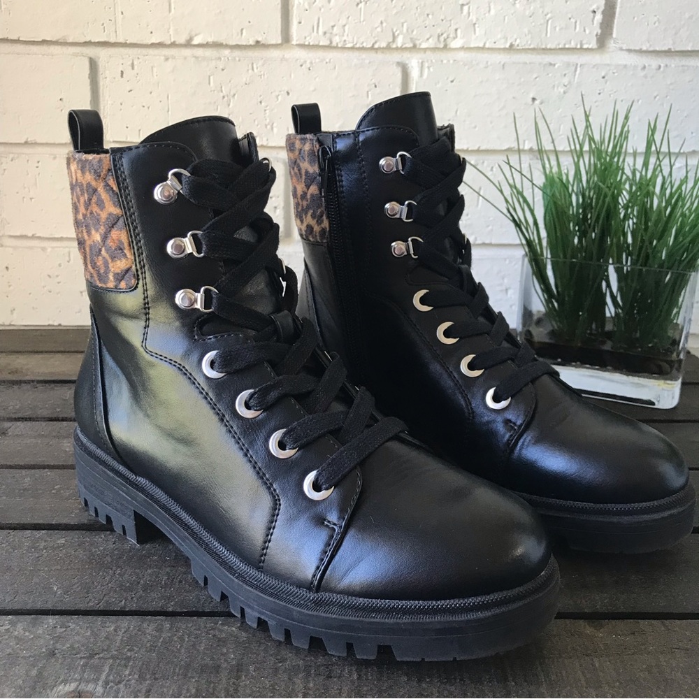 Nine West Black Combat Boot Leopard Print Wylie3